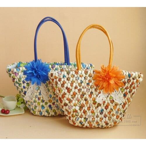 Bohemian Lace knitting Bucket Bag Beach Summer Straw Bag Women Woven Patchwork Shoulder Bags Flower Shopping Bags