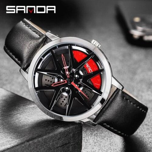 SANDA 2021 New Mens Watch Mens Wheel Watch Fashion Sports Watch Quartz Leather Wheel Watch Mens Round Case Watch P1071