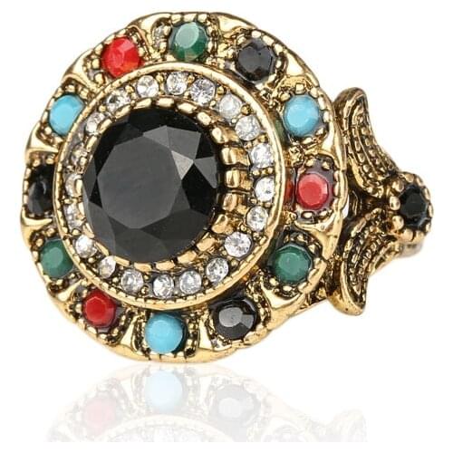 Turkish Jewelry Gold Color Ring Fashion Bohemian Tibetan Alloy Colorful Resin And Crystal Round Rings For Women