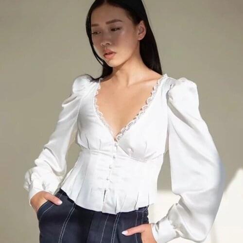 TVVOVVIN Fashion Short Lace Shirt Womens Single Breasted V-neck Bubble Sleeve Pleated Solid Color Slim Shirt Jrtr