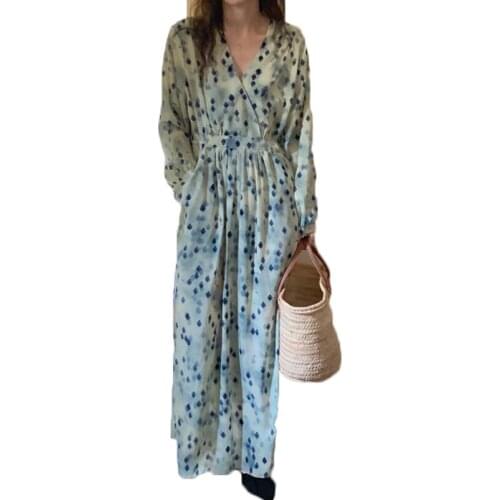 Korean Summer Beach Dress Rhombus Contrast Pirnted Women Spring and Autumn Loose Wild Large Size Long Sleeve Maxi Dress NS2645