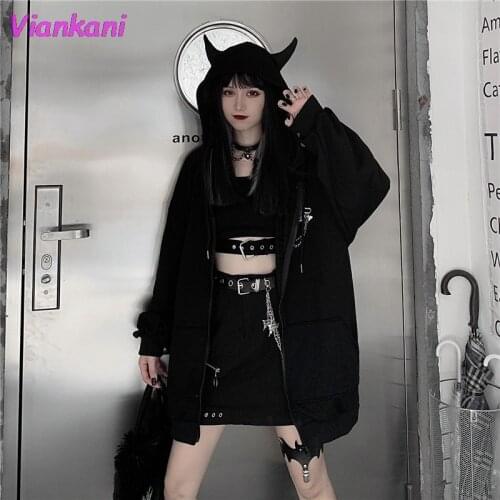 Women Hooded Coat Harajuku Punk Gothic Girls Black Devil Horn Hoodies Sweatshirt 2021 Spring Autumn Japanese Hip Pop Plus Size