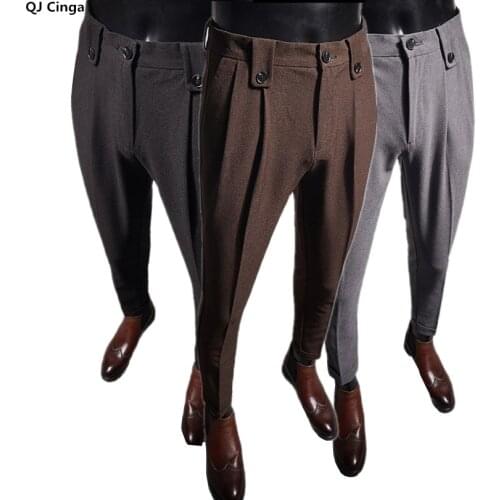 Autumn Men Brown Folded Suit Pant High Quality Fashion Business Party Male Trousers Gray Black Size 28-36