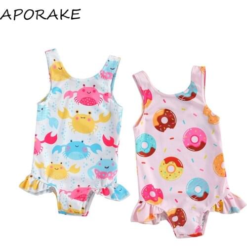 2021 0-3Y Breathable Kids Girls One-piece Swimsuit Summer Children Cute Crab/Donut Printing Sleeveless Swimwear for Vacation