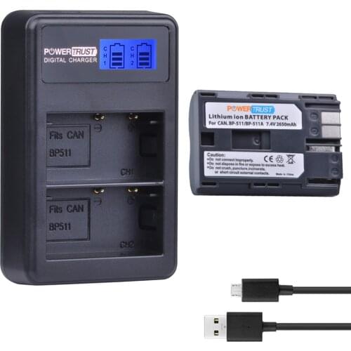 PowerTrust 1Pcs 2650mAh BP-511 BP 511 BP511 BP511A Battery + LCD USB Dual Charger for Canon EOS 40D 300D 5D 20D 30D 50D