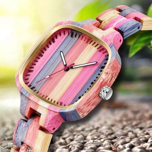 Square Rainbow Color Wood Watch Women Watches Unique Analog Display Ladies Watch Luxury Quartz Female Wristwatches Q1005