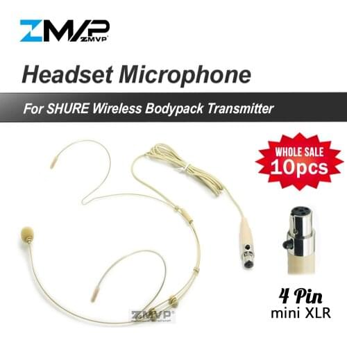 10pcs Professional 4pin XLR TA4F Headset Headworn Cardioid Condenser Microphone For Shure Wireless Bodypack Transmitter input