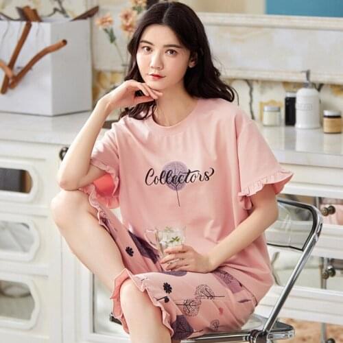 Big Yards Cotton Pajamas Womens Summer New Short-Sleeved Sleepwear Young Girls Cute Printed Sleep Tops Casual Home Clothes Suit