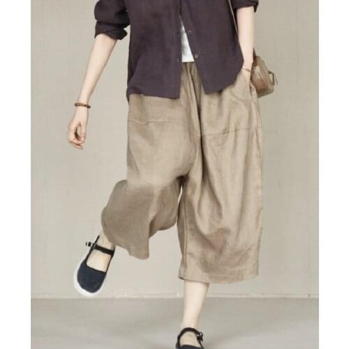 Art Retro Loose Elastic Waist Linen Cropped Trousers Wide Leg Pants Casual Pants Straight Oversize Pants Women