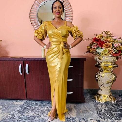 African Dress Womens Golden Split V-Neck Sexy Party Long Maxi Dress Long Tunic Night Club Half Sleeve African Dresses For Women