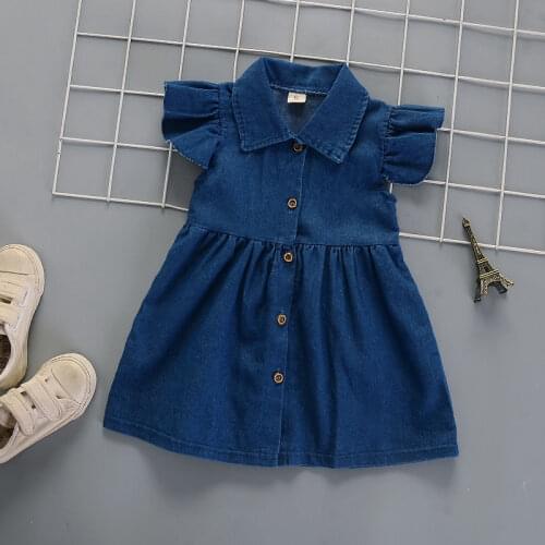 Baby Girls Summer Dress Solid Soft Denim Flying Sleeve Thin Ladies Dresses Turn-Down Collar Button Princess Kids Clothing