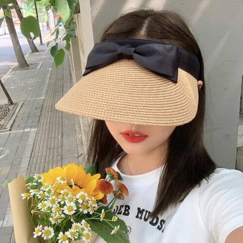 Summer Straw Weaving WomenS Sun Hats Bow Visor Wide-Brimmed Empty Roof Hat Beach Hat Peaked Cap Uv Protection Female Cap