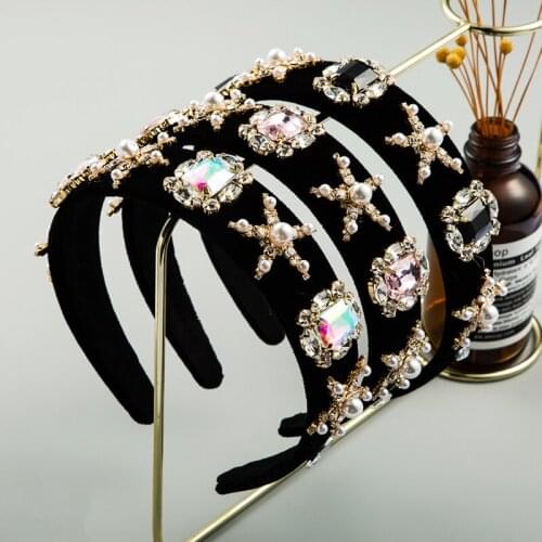 Fashion Baroque Multicolor Shiny Crystal Star Headband Womens Imitation Pearl Gold Fleece with Womens Party Hair Accessories
