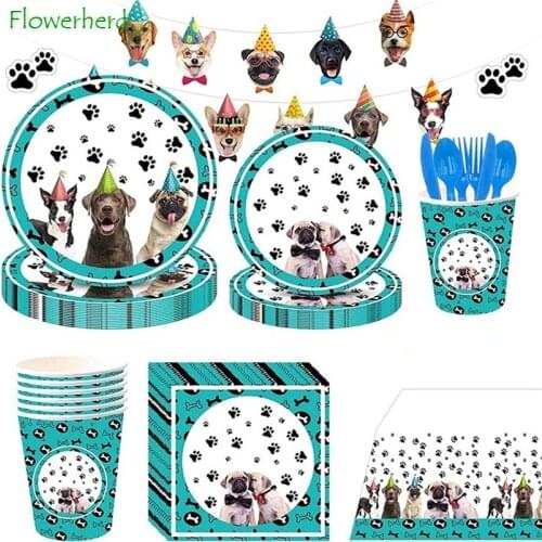 Dog Theme Disposable Tableware Set Thicken Birthday Party Decorations Holiday Paper Cup Plate Knife Fork Spoon Set Baby Shower
