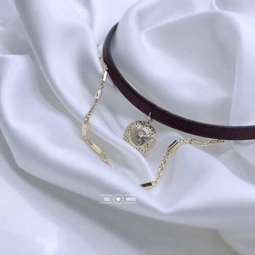 New Fashion Trendy Chain Choker Collar Hollow Crystal Round Pendant Necklace Women Girls Black Leather Chocker Jewelry