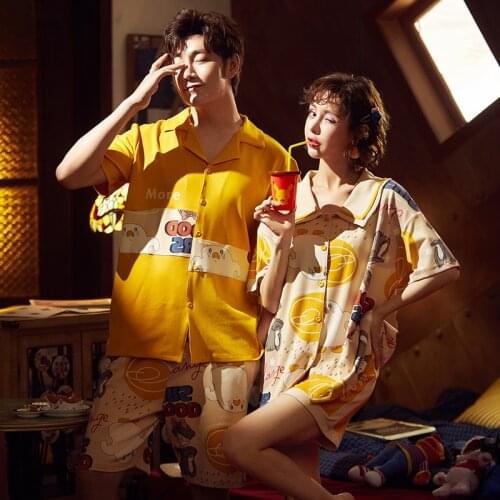 Korean Couple Pijamas Mujer Short Sleeve Cotton Cartoon Pyjamas Women Sleepwear Men Nightwear Cute Lovers Pajamas Home wear XXXL