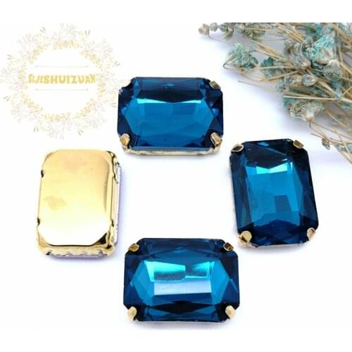 Peacock blue Rectangle shape Glass Crystal sew on rhinestones with FOUR gold claw Diy wedding dress accessories Free shipping