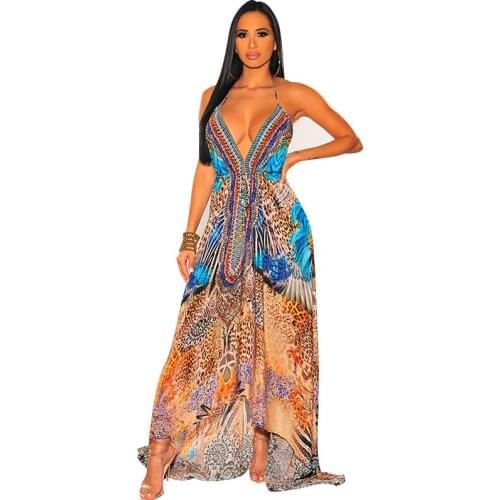 Jbersee Summer Womens Dress Vintage Chiffon Dresses for Women Casual Sexy Slip Floral V-neck Midi Long Beach Dress