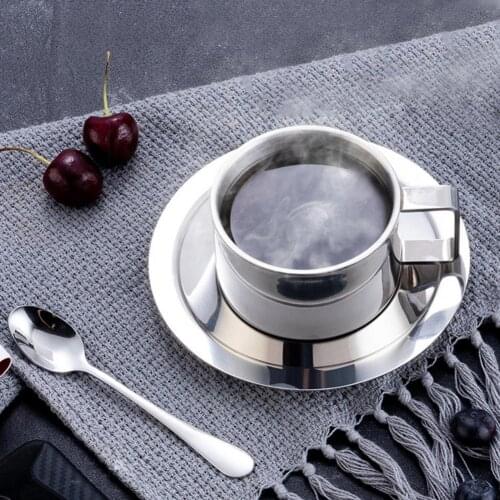 Portable Stainless Steel Double Layer Design Insulated Mug with Dish Spoon Milk Coffee Cup Set