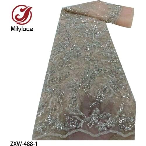 Latest Embroidered Tulle Fabric with Beads Fashion Beaded Tulle French Net Fabric for Party Dress ZXW-488