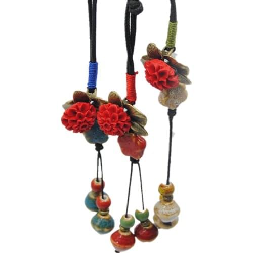 Retro ethnic style Handmade ceramic flowers pendant sweater chain necklace N298