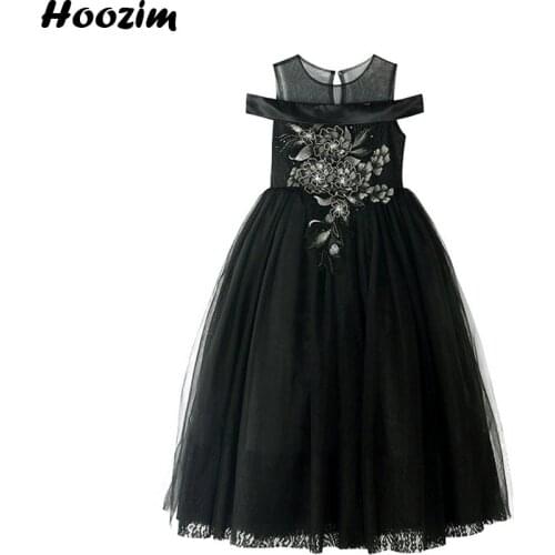 Princess Black Embroidery Flower Lace Pageant And Red Carpet Dress Girls 3 To 11 Year Tulle Prom And Evening Party Dresses Child