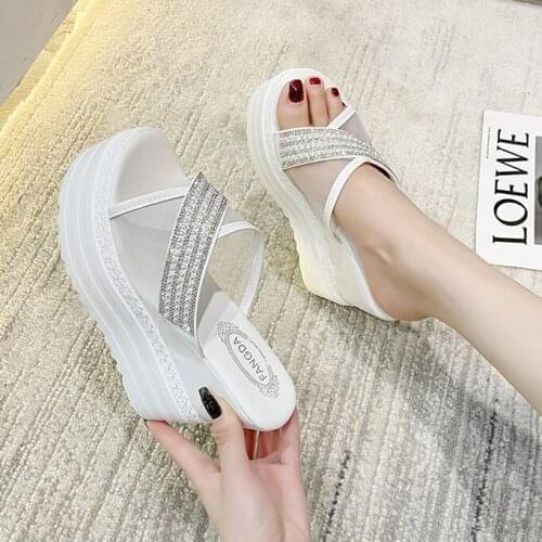 Summer Rhinestone Wedges Heel Women Slippers Platform Peep Toe Height Increasing Slides 2021 Sexy Ladies Shoes Zapatos De Mujer