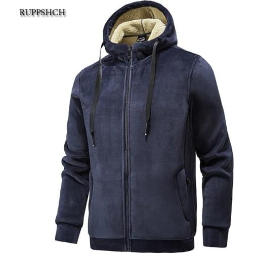 Winter Men Casual Thicken Warm Jacket Men Fashion Zipper Hooded Fleece Long Sleeve Jacket Solid Color Parka