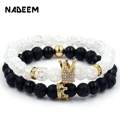 New 2Pc/Sets Natural 8/6mm Stone Beads Couple Bracelets for Women Micro Pave CZ Crown Charms Bracelet Men Jewelry Pulseras Mujer