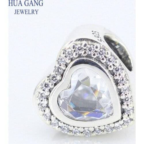 925 Sterling Silver heart charm with clear cubic zirconia Fits Brand Bracelets Beads for Jewelry Making DIY