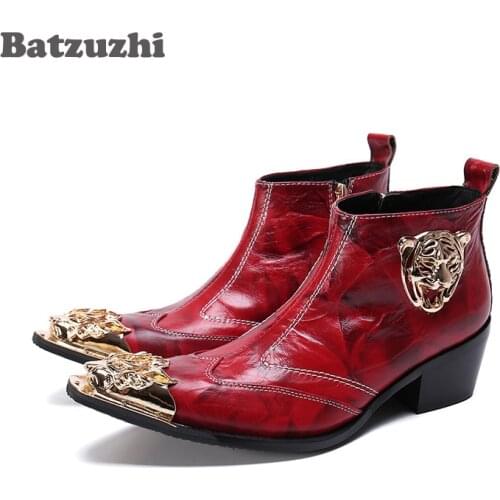 Batzuzhi Luxury Boots Men Pointed Metal Tip Soft Leather Ankle Boots Zip Red Wedding and Party Boots Bota Masculina, Big US6-12