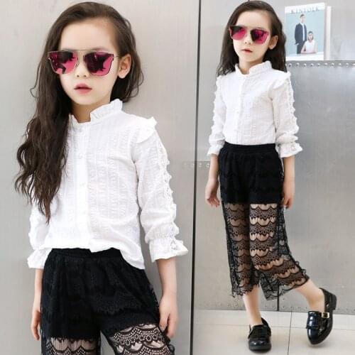 Girls 3/4 Sleeve Stand Collar Lotus Leaf Edge Korean Style White Blouses Big Girls 6-14Years Cotton Blouses