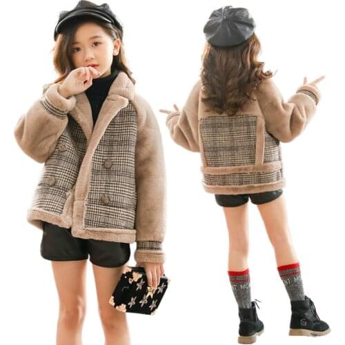 Childrens Clothing Girls' Middle and Big Children 2020 New Fashion Autumn and Winter Western Style All-Matching Plaid Fur Coat