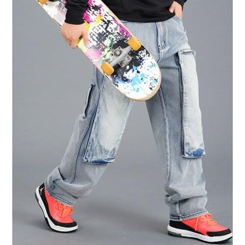 Jeans Men Mens Plus size Skateboard Pants Straight-leg Motorcycle Jeans Mens Skateboard Blue jeans with Big pocket Jeans
