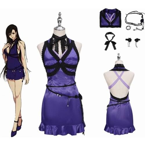 Game Final Fantasy VII Remake Tifa Lockhart Cosplay Costume Women Outfits Girls Sexy Backless Purple Dress Halloween Carnival