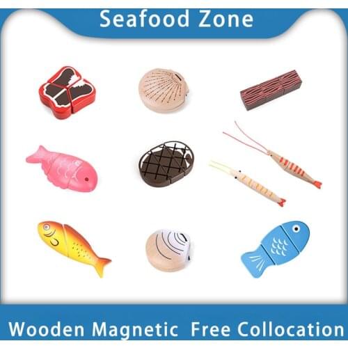 Toy Woo Toys Kids Wood Kitchen Toy for Kids Kitchen Items Wooden Fish Meat Seafood Kids Kitchen Toy Set