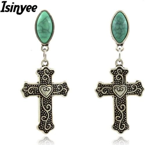 ISINYEE Antique Cross Heart Carved Dangle Earrings Ethnic Earring For Women Vintage Silver Tibetan Jewelry Gifts