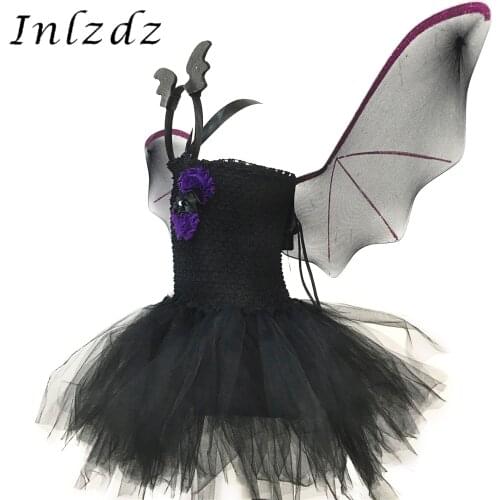 3Pcs Kids Girls Cartoon Bat Cosplay Straps Open Upper Back Stretchy Crochet Bodice Mesh Tutu Dress with Hair Hoop and Wings Set