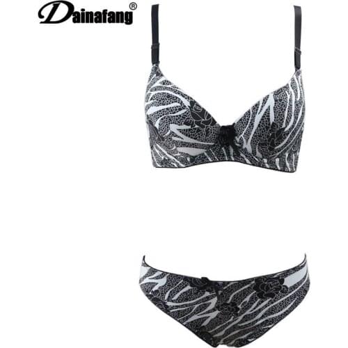 DaiNaFang Brand Sexy High Quality Print Bras Set Silk Lace Flower Push Up Womens Underwear Bow Bra and Hollow Out Panties Sets