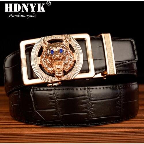 Hot Sell Fashion Wolf Head Buckle Belt for Men High Quality Genuine Leather Crocodile Pattern Waistband Strap