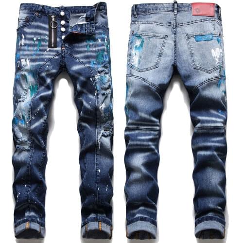 Men’s ripped distressed denim pants luxury brand blue jeans mens painted pants jeans slimming casual long trousers