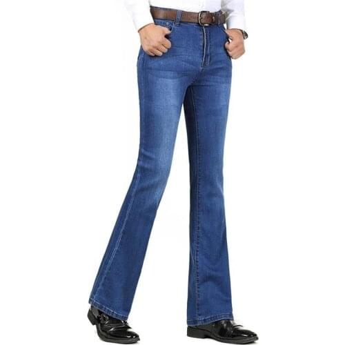 Free Shipping 2021 Mens Business Casual Jeans Thickening Mid Waist Denim Elastic Boot Cut Trousers Plus Size Casual Pants