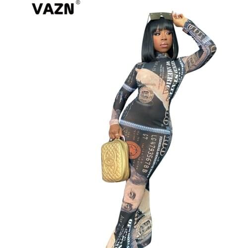 VAZN New Special Design Fashion Mujer Chic Ladies Slim Holiday Dress 2020 Full Sleeve High Neck Lady Dress
