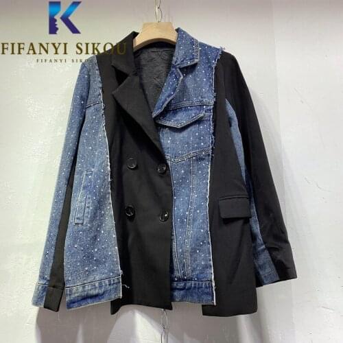 Denim Spliced Blazer Jacket Women 2021 New Double Breasted Fashion Diamonds Suit Jacket Female Asymmetry Loose Blazers Coat