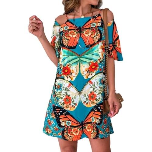 Women Summer Dresses Casual Loose Butterfly Printed Short Sleeve Dress Female Sexy Hollow Back off Shoulder Sundress Plus Size