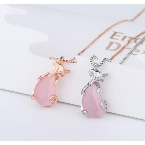 Natural Pink Jade Agate Fox Pendant 925 Silver Necklace Fashion Charm Jewelry Amulet Gifts for Women Her