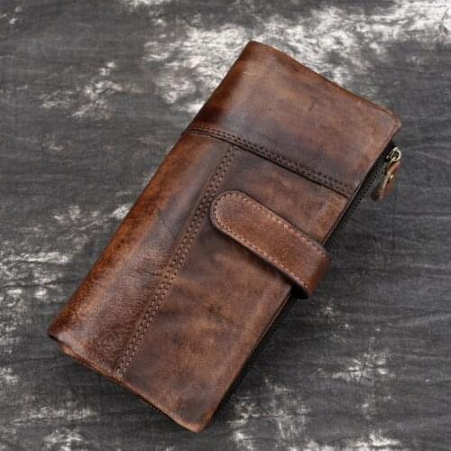 POOLOOS Vintage Fashion Wax Oil Skin Long Purse Genuine Leather Notecase For Ladies Girls 2 Folds Long Wallet RIFD Men Wallet