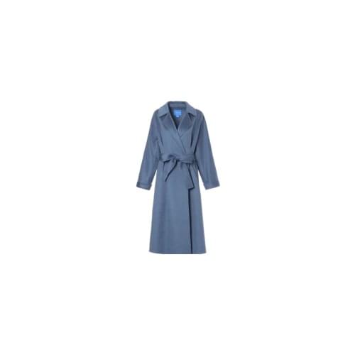New Haze Blue Loose Lace Up Woolen Coat in Autumn 2021