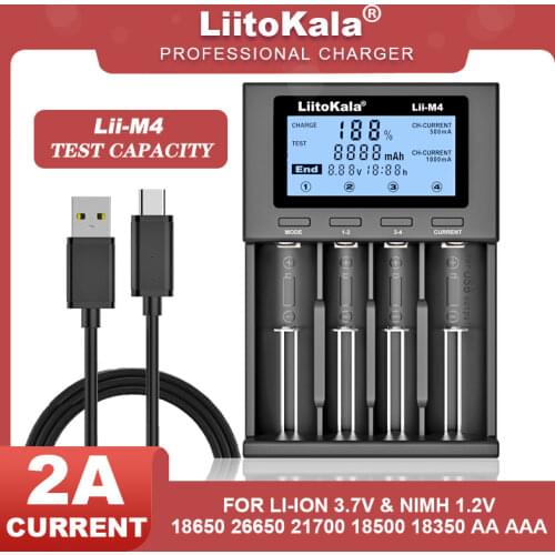 LiitoKala Lii-M4 18650 Charger LCD Display Smart Charger Test Capacity Suitable For 26650 18650 21700 AA AAA 4 slots