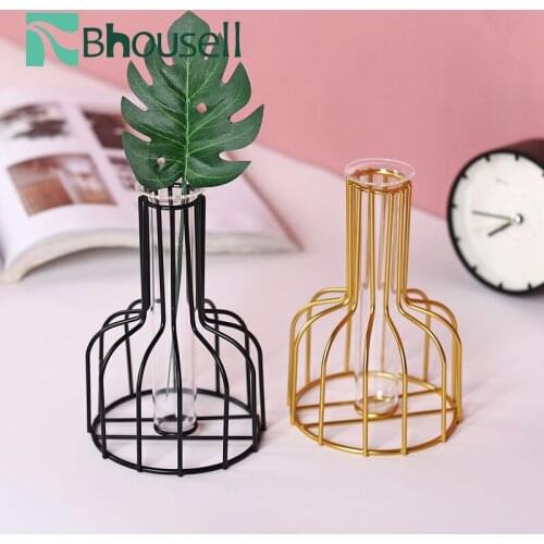 Nordic Style Vase Iron Wire Metal Plant Stand Modern Glass Flower Ornaments Home Living Room Decorations